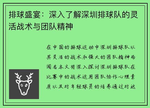 排球盛宴：深入了解深圳排球队的灵活战术与团队精神