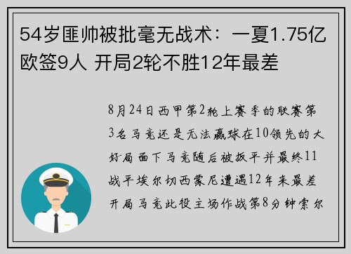 54岁匪帅被批毫无战术：一夏1.75亿欧签9人 开局2轮不胜12年最差